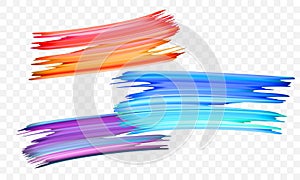 Acrylic paint brush stroke. Vector bright orange, velvet or purple and blue gradient 3d paint brush on transparent background