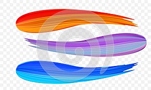 Acrylic paint brush stroke. Vector bright orange, velvet or purple and blue gradient 3d paint brush on transparent background