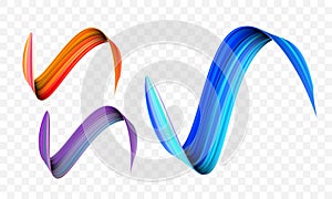 Acrylic paint brush stroke. Vector bright orange, velvet or purple and blue gradient 3d paint brush on transparent background