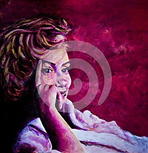 Acrylic painting of 1950's lady in bath robe inspired by images of Marilyn Monroe