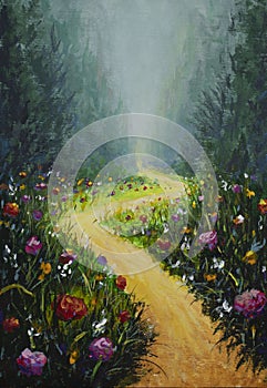 acrylic painting flower road in fairy forest.
