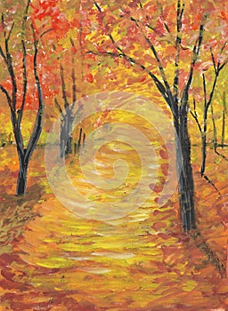 Acrylic painting nature background of forest with trees and way on paper. landscape. illustration for spring, autumn or fall.