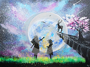 Acrylic painting of two girls with moon