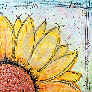 An acrylic painting of a yellow flower in a doodle sketch effect