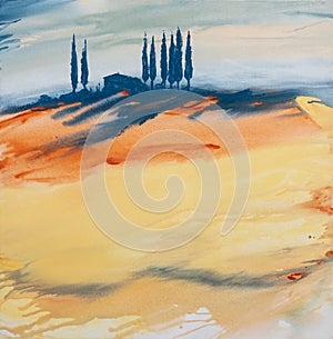 Acrylic painting of a yellow, orange, blue colored colorful Tuscan landscape with house, trees and cypresses with flowing paint,