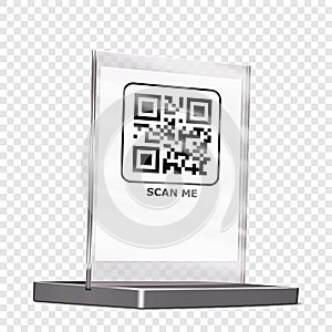 Acrylic QR code holder display realistic mock-up. Clear square plexi stand on transparent background mockup