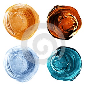 Acrylic textured round painted backgrounds, blobs of blue, mint, yellow, brown colors