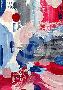 Acrylic and watercolor abstract Christmas texture of beige, white, magenta, red and blue strokes. Hand painted pastel