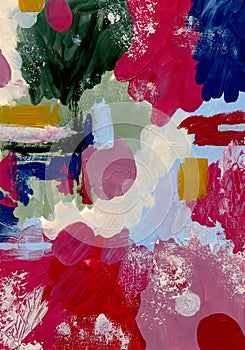 Acrylic and watercolor abstract Christmas texture of beige, yellow, white, magenta, red and blue strokes. Hand painted