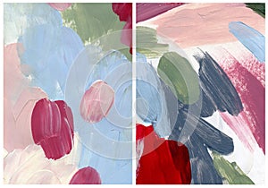 Acrylic and watercolor abstract Christmas texture of magenta, blue, beige, white and red strokes. Hand painted pastel