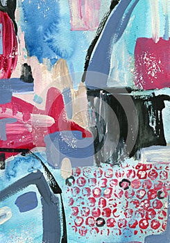 Acrylic and watercolor abstract Christmas texture of magenta, white, red, blue and beige strokes. Hand painted pastel