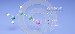 Acrylonitrile, Vinyl cyanide VCN, molecular structures, 3d rendering, Structural Chemical Formula and Atoms with Color Coding