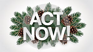 ACTNOW text on a background of pine branches and pinecones act now sale