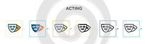 Acting vector icon in 6 different modern styles. Black, two colored acting icons designed in filled, outline, line and stroke