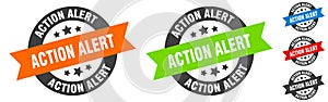 action alert stamp. action alert round ribbon sticker. tag