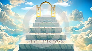 Action as stairs to reach out to the heavenly gate for reward, success and happiness. Step by step, Action elevates and