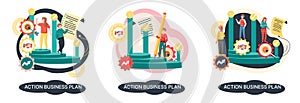Action business plan, development strategies, foreseeing market risks. Company success secret photo