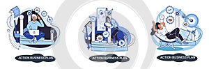 Action business plan, development strategies, foreseeing market risks. Company success secret photo