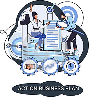 Action business plan, development strategies, foreseeing market risks. Company success secret photo