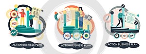 Action business plan, development strategies, foreseeing market risks. Company success secret photo