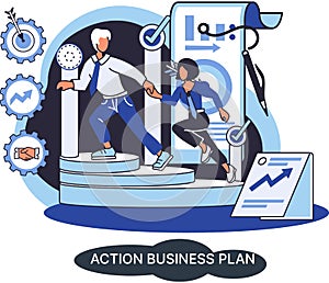 Action business plan, development strategies, foreseeing market risks. Company success secret photo