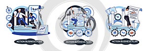 Action business plan, development strategies, foreseeing market risks. Company success secret photo