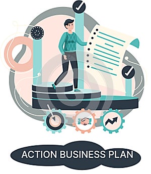 Action business plan, development strategies, foreseeing market risks. Company success secret photo