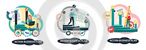Action business plan, development strategies, foreseeing market risks. Company success secret photo