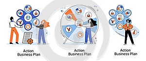 Action business plan, development strategies, foreseeing market risks. Company success secret photo