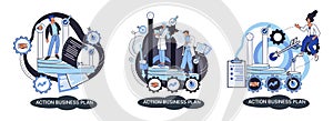 Action business plan, development strategies, foreseeing market risks. Company success secret photo