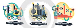 Action business plan, development strategies, foreseeing market risks. Company success secret photo