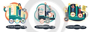 Action business plan, development strategies, foreseeing market risks. Company success secret photo