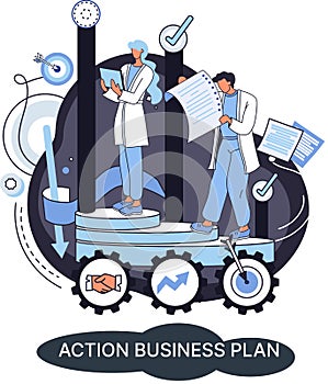 Action business plan, development strategies, foreseeing market risks. Company success secret photo