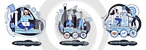 Action business plan, development strategies, foreseeing market risks. Company success secret photo