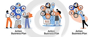 Action business plan, development strategies, foreseeing market risks. Company success secret photo