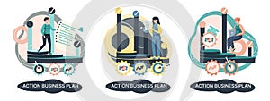 Action business plan, development strategies, foreseeing market risks. Company success secret photo