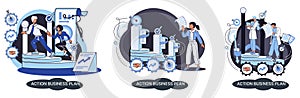 Action business plan, development strategies, foreseeing market risks. Company success secret photo