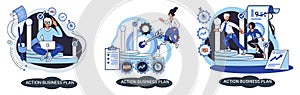 Action business plan, development strategies, foreseeing market risks. Company success secret photo