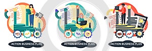 Action business plan, development strategies, foreseeing market risks. Company success secret photo