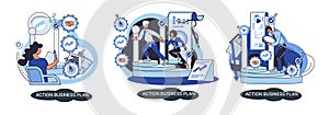 Action business plan, development strategies, foreseeing market risks. Company success secret photo