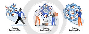 Action business plan, development strategies, foreseeing market risks. Company success secret photo