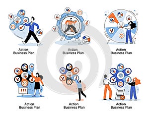 Action business plan, development strategies, foreseeing market risks. Company success secret photo