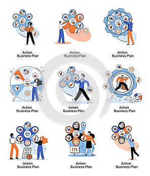 Action business plan, development strategies, foreseeing market risks. Company success secret photo