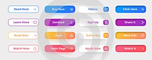 Action button. Website and application interface elements. Buy now share follow click and sign up web UI graphic icons. Modern
