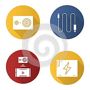 Action camera flat design long shadow icons set