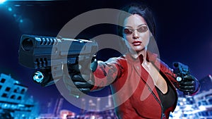 Action girl with guns, woman in red leather suit shooting hand weapons in the night city, front view, 3D render