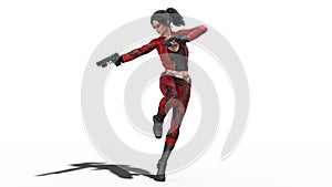 Action girl in jump shooting guns, woman in red leather suit with hand weapons isolated on white background, 3D render