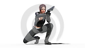Action girl shooting guns, redhead woman in leather suit with hand weapons crouching on white background, 3D render