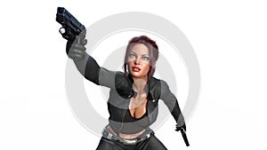 Action girl shooting guns, redhead woman in leather suit with hand weapons isolated on white background, close up view, 3D