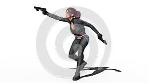 Action girl shooting guns, redhead woman in leather suit with hand weapons isolated on white background, side view, 3D render